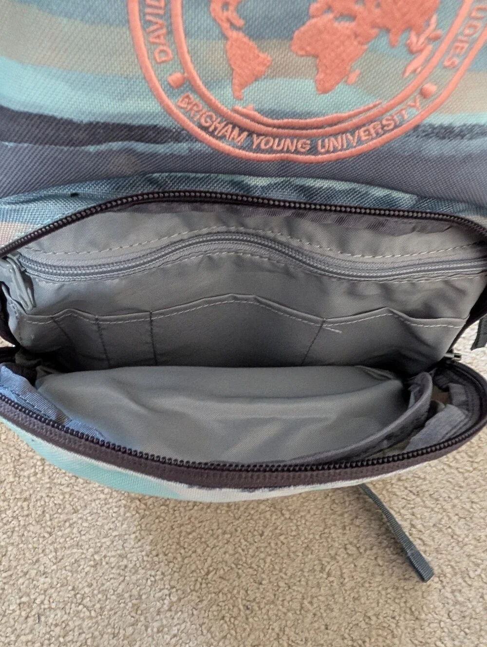 Dakine Teal Striped Backpack With Bringham Young University Kennedy Center Patch